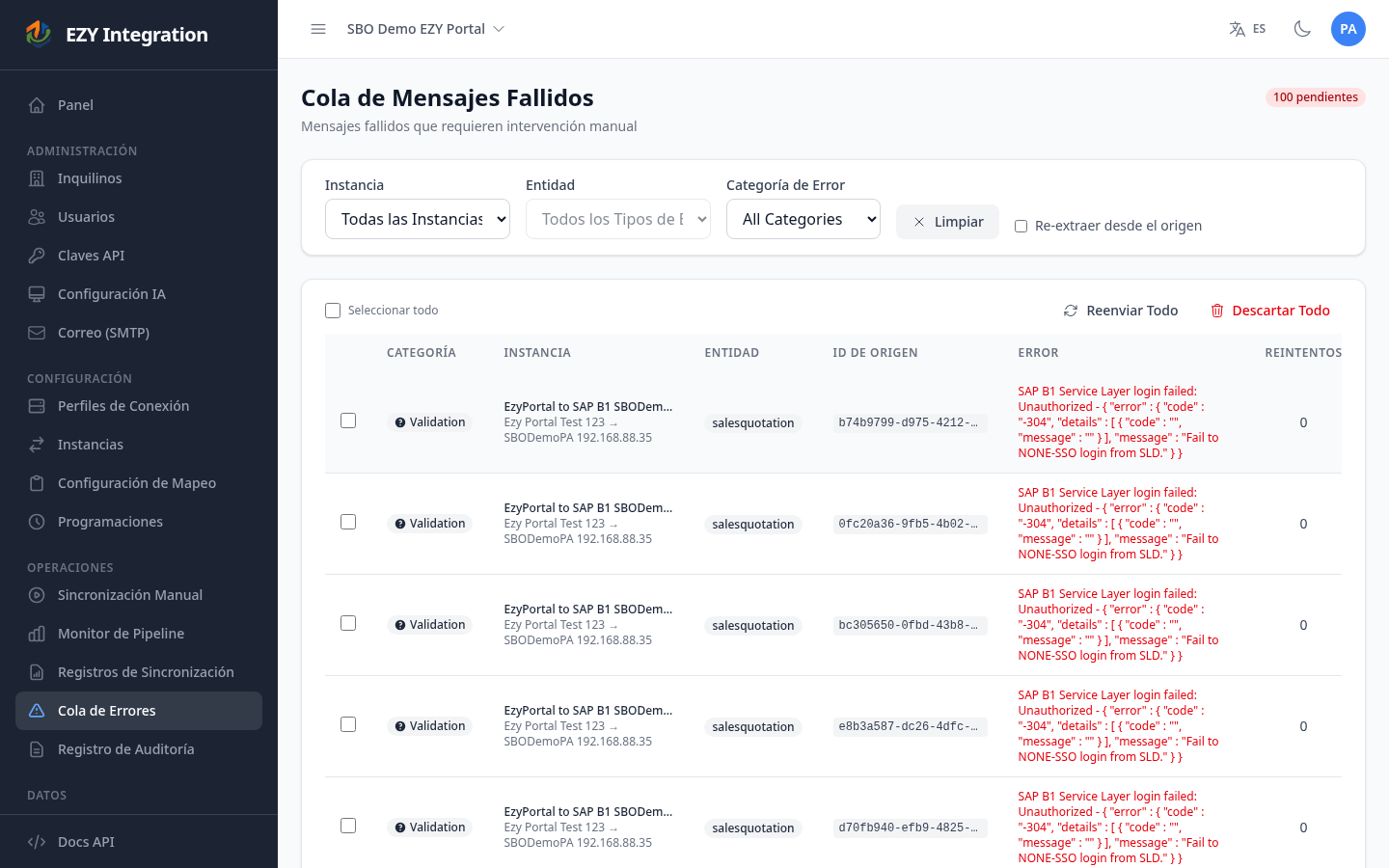 Cola de errores de EZY Integración