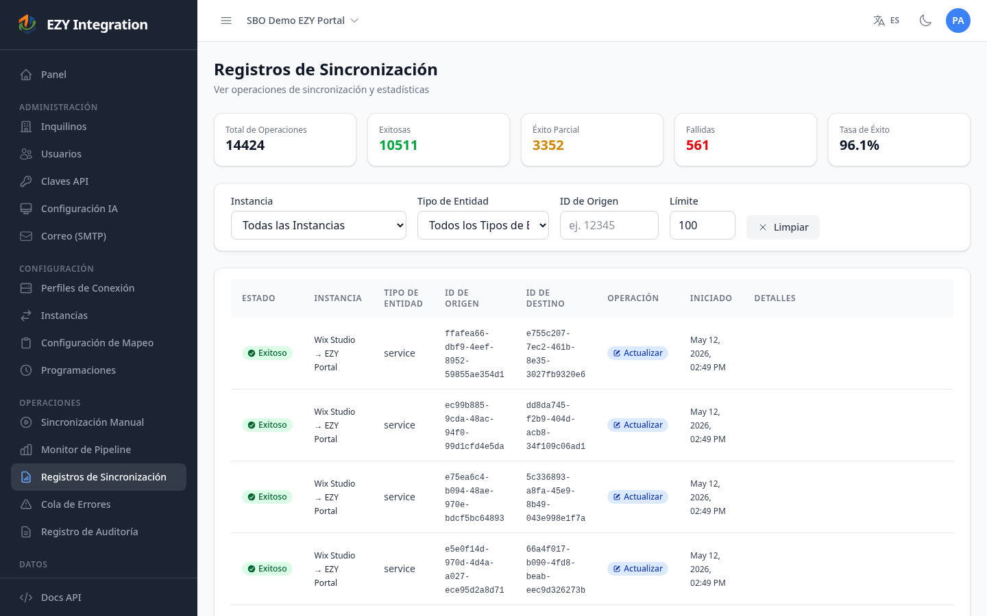 Logs de sincronización de EZY Integración