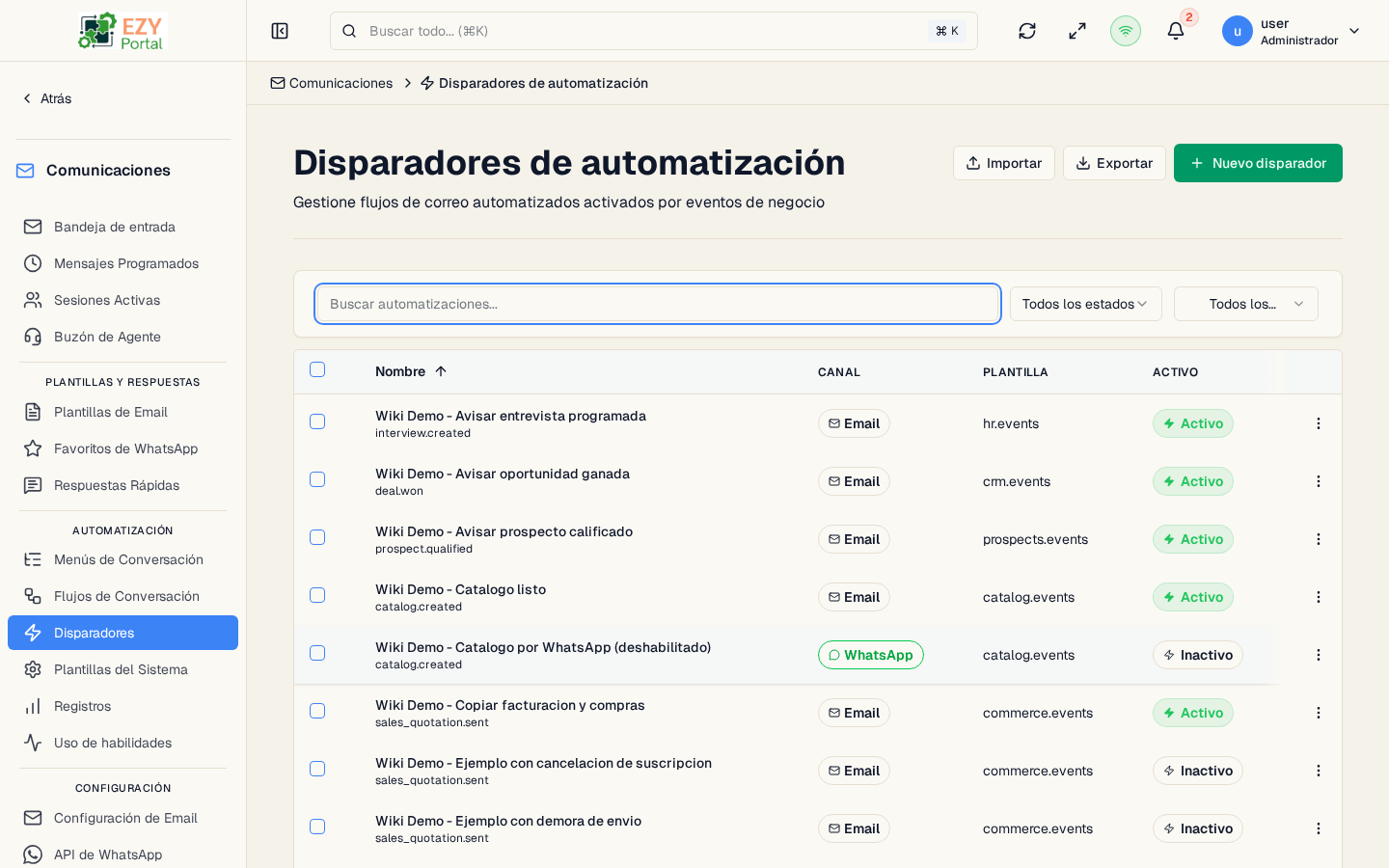 Disparadores de automatización de comunicaciones en EZY Portal