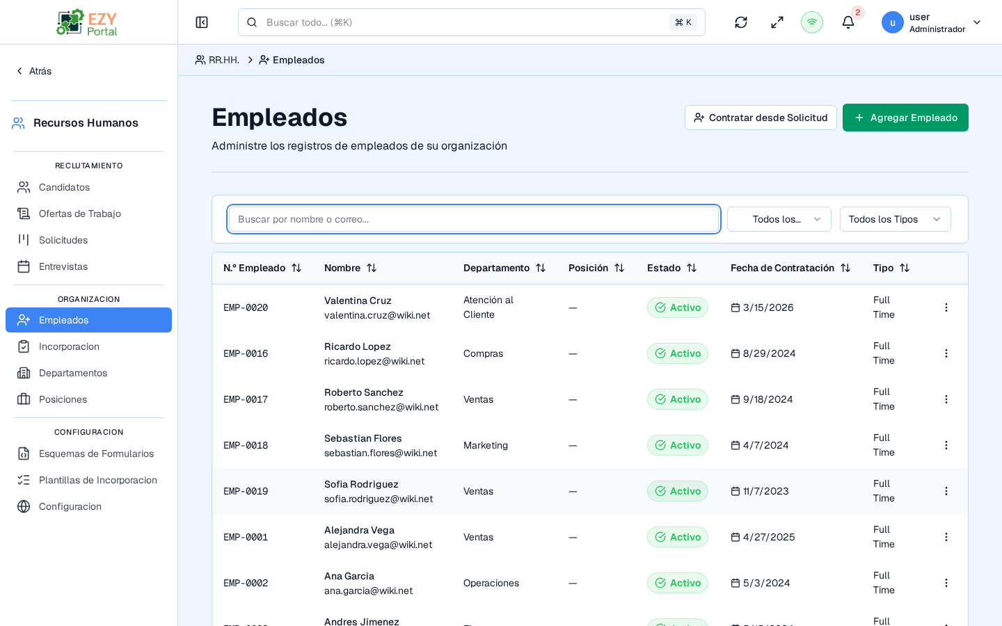 Vista de empleados en EZY Portal