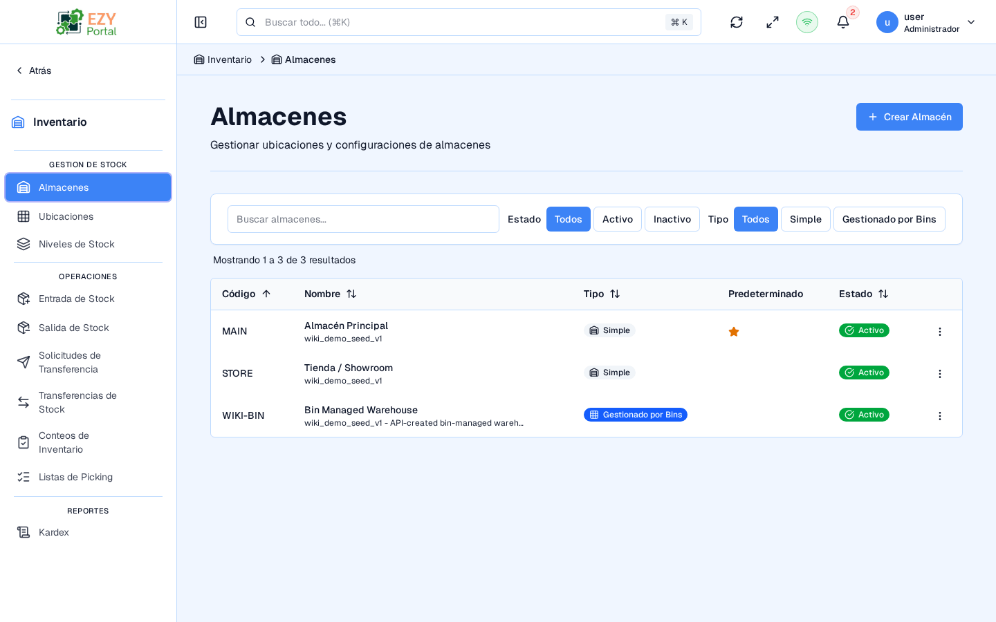 Vista de almacenes en EZY Portal