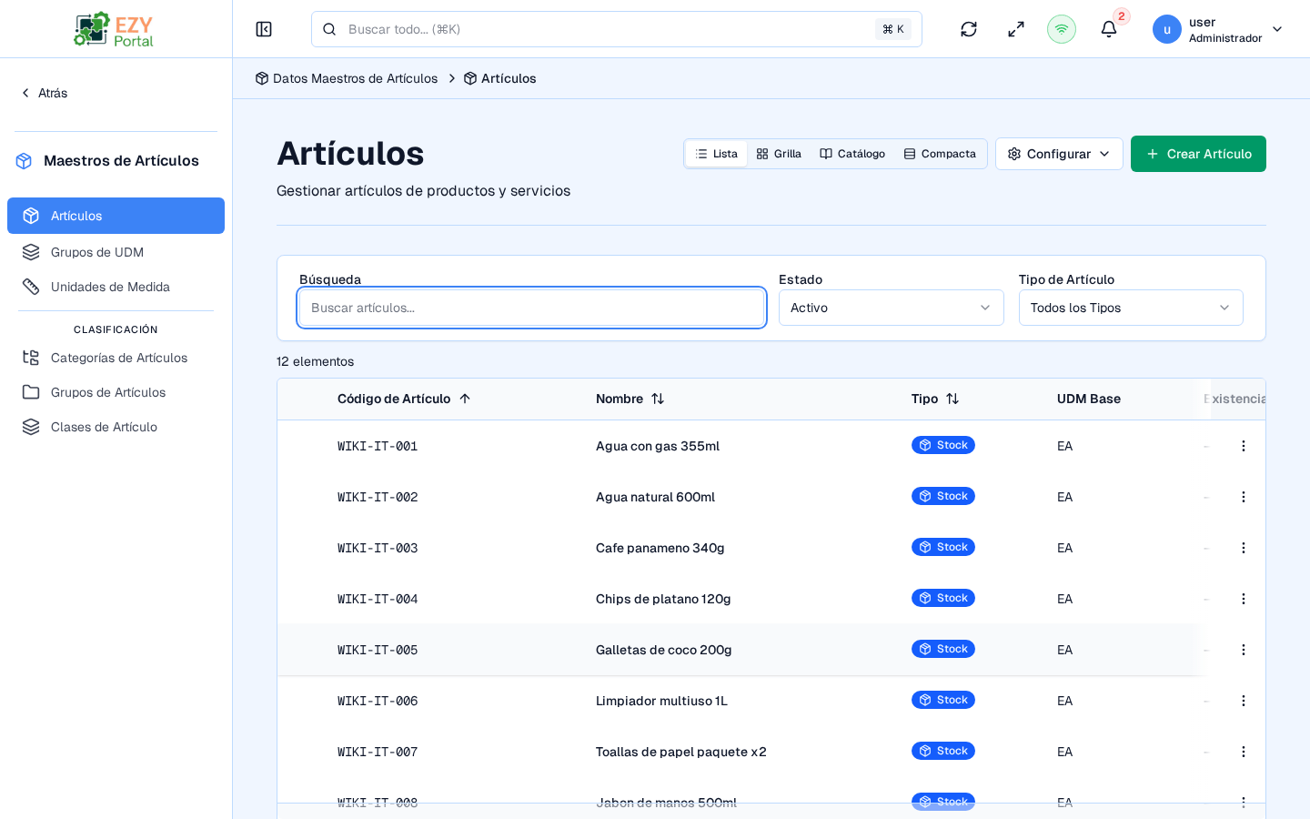 Catálogo unificado de artículos en EZY Portal