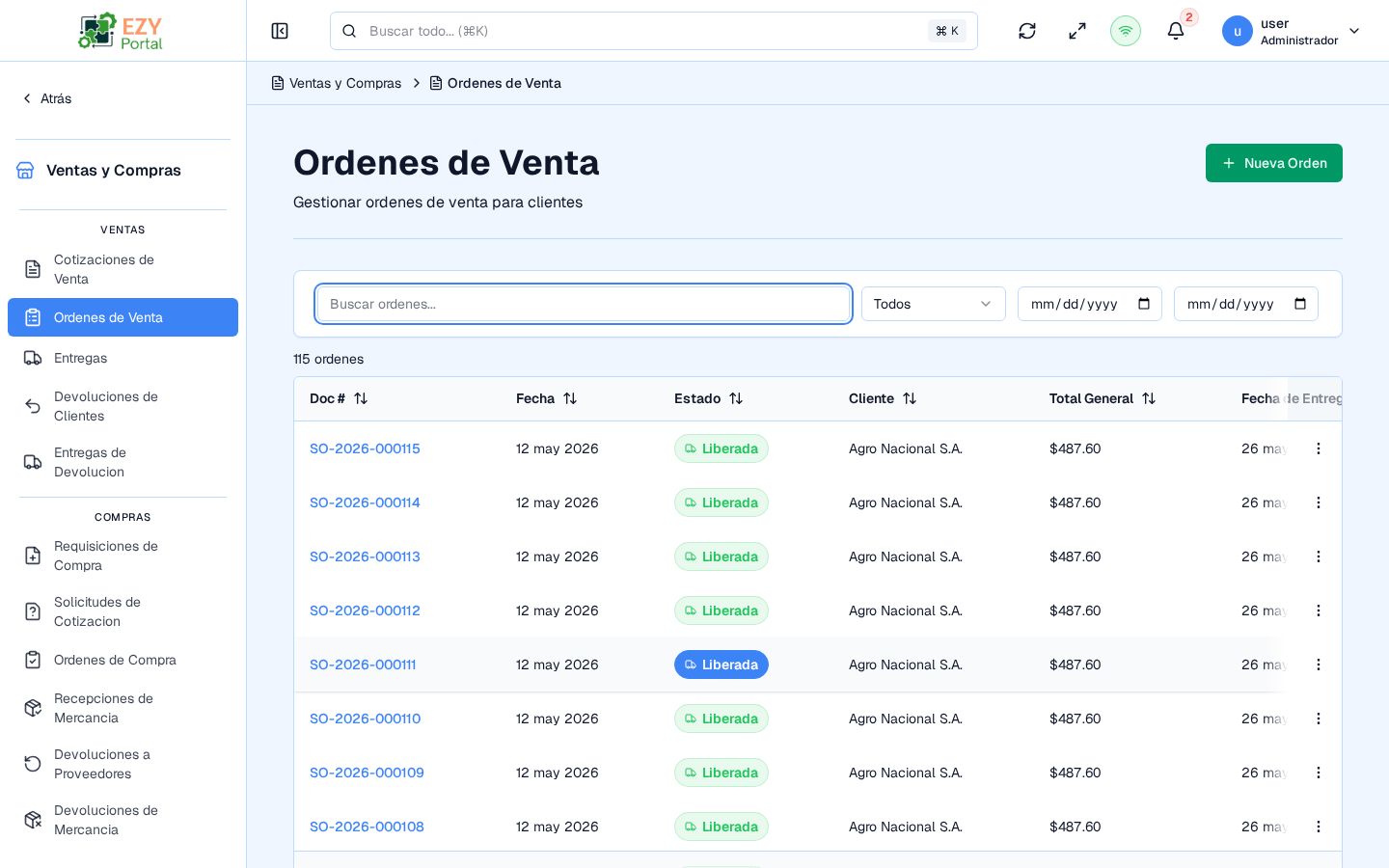 Lista de pedidos de venta en EZY Portal